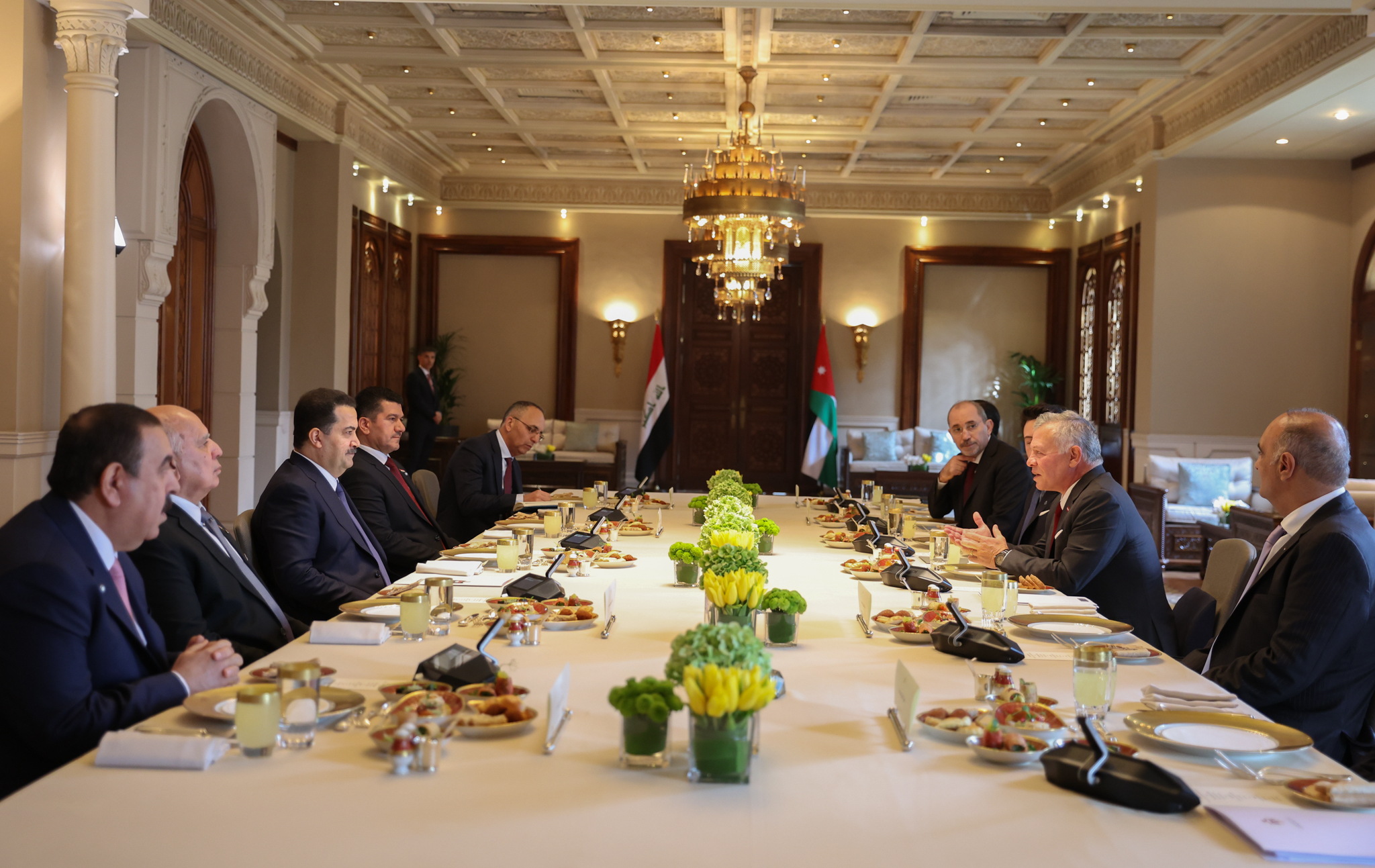 His Majesty King Abdullah holds talks with Iraq Prime Minister Mohamed Shia Al Sudani, during a meeting attended by HRH Crown Prince Hussein, at Basman Palace on Monday (Photo courtesy of Royal Court)